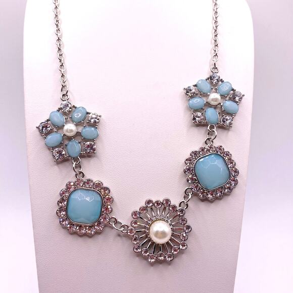 Vintage Blue Green Acrylic Stone Floral Chain Necklace Retro Style - Picture 1 of 4